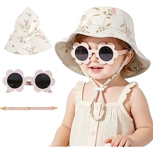 Leotruny Cotton Baby Sun Hat: Muslin Adjustable Bucket Hat with Sunglasses | Soft Comfort for Girls 0-12 Months on Beach