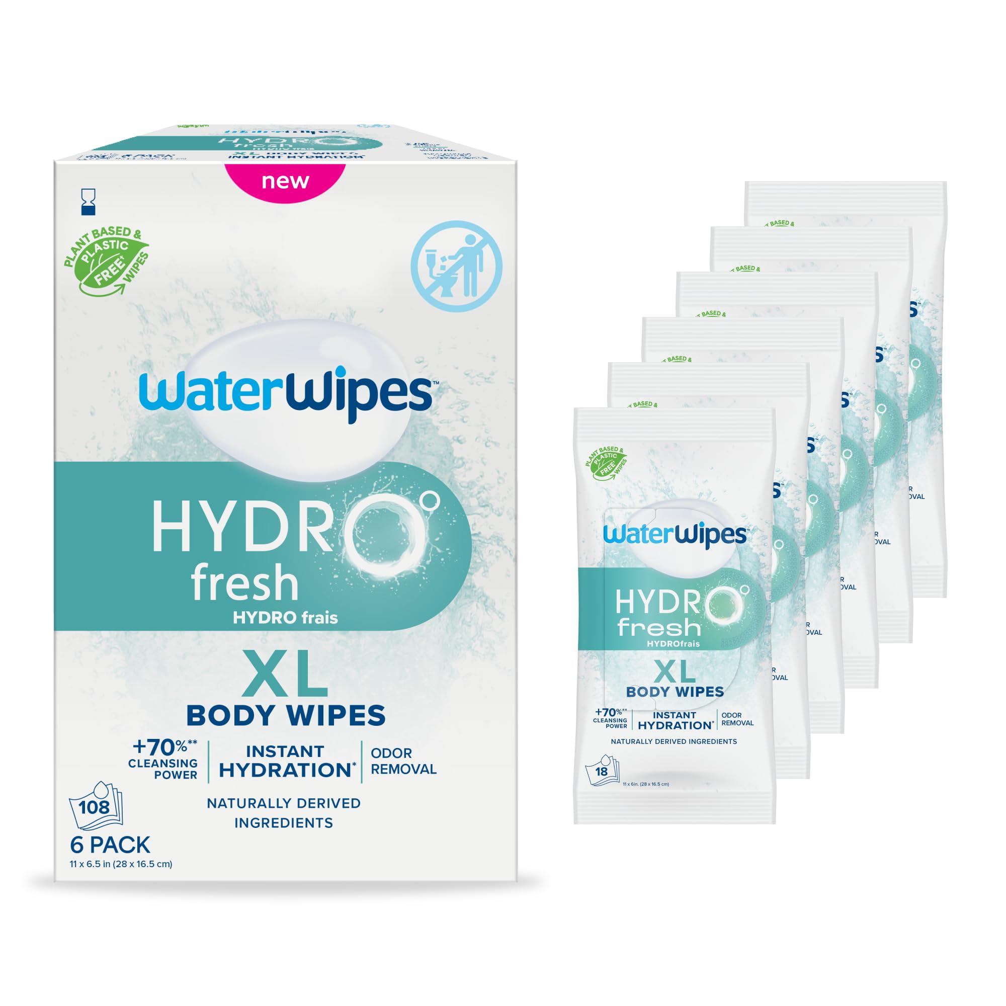 Photo 1 of WaterWipes HydroFresh Refresh Wipes, Stay Clean & Refreshed, XL Body Cleaning Wipe, Instant Cleanliness, Odor & Sweat Removal, Ideal for Gym, Travel & Outdoor Use, 108 Count (6 Pack)