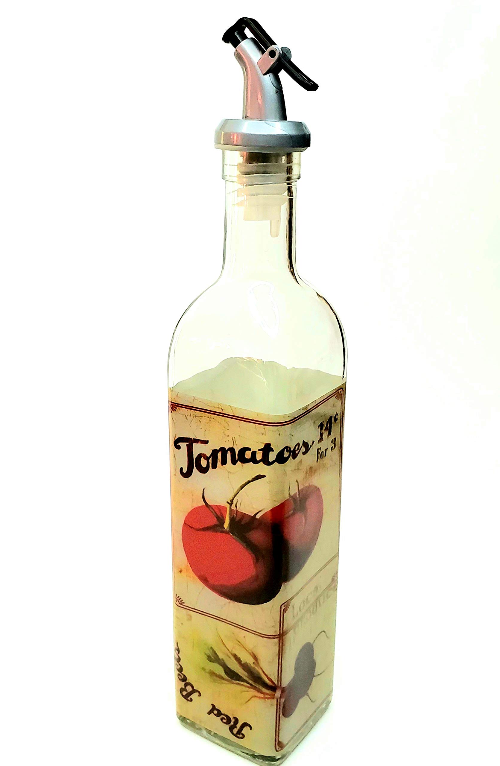 Glass 18 oz Olive Oil or Vinegar Dispenser Bottle with Assorted Vegetable Nostalgic Design
