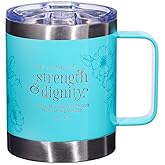 Christian Art Gifts Stainless Steel Double Wall Vacuum Insulated Camp Style Travel Mug 11 oz Floral Teal Coffee Mug with Lid and Handle for Women - Strength and Dignity - Proverbs 31:25
