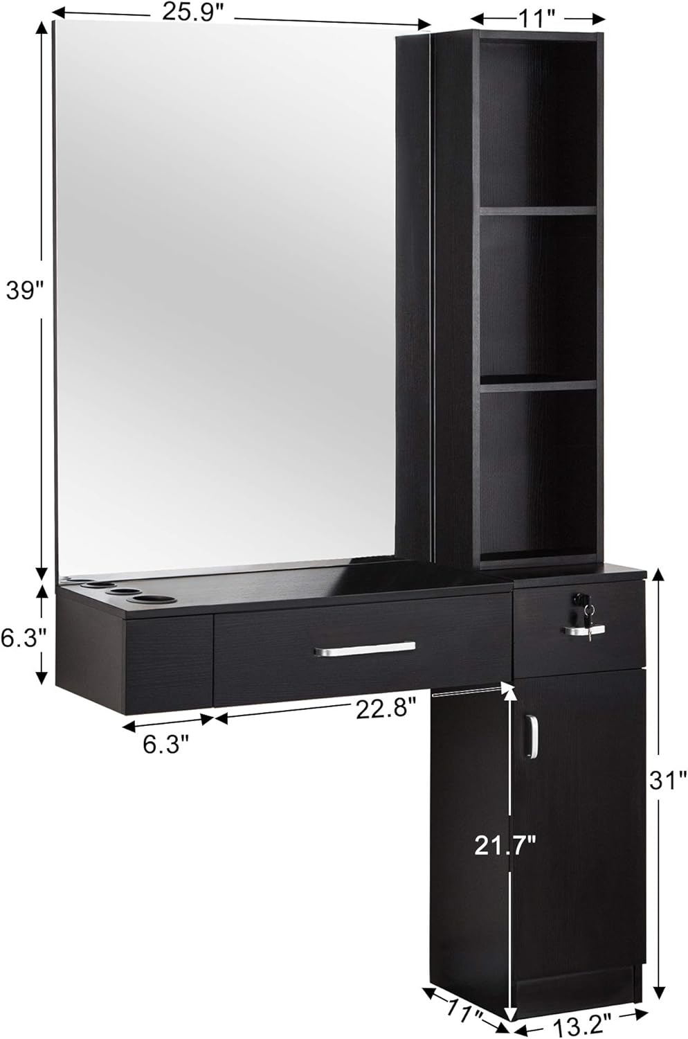 BarberPub Wall Mount Hair Styling with Mirror Barber Station Dressing Table Beauty Salon Spa Equipment Set 3026 (Right Shelf) (Black): Kitchen & Dining