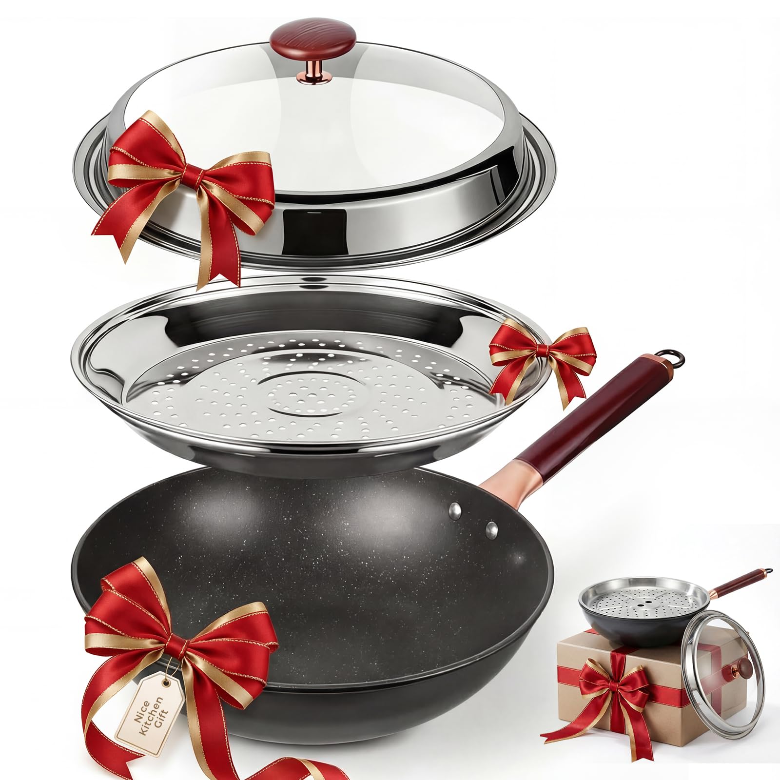 Photo 1 of 12.5-Inch Carbon Steel Wok Pan with Lid: Woks & Stir-Fry Pans Nonstick with Steamer for Cooking Pan Set, Large Deep Chinese Frying Saute Pan Wok Skillet, Induction Compatible, Stay-Cool Handle, Gifts