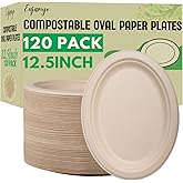 Enjamyo 120 Pack Oval Paper Plates,12.5 Inch Disposable Paper Plates,Super Strong Oval Paper Dinner Plates,Compostable Biodegradable Sugarcane Plates for BBQ,Party,Picnic(Brown)