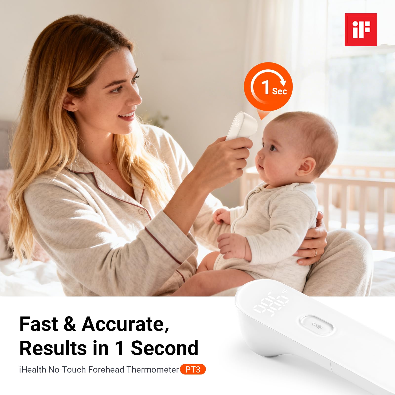 iHealth No-Touch Forehead Thermometer for Adults, Kids, Babies - 1s Fast Accurate, 3 Ultra-Sensitive Sensors, Quiet Vibration Feedback, Digital Large LED Digits, Easy to Use for Home & Nurses, PT3