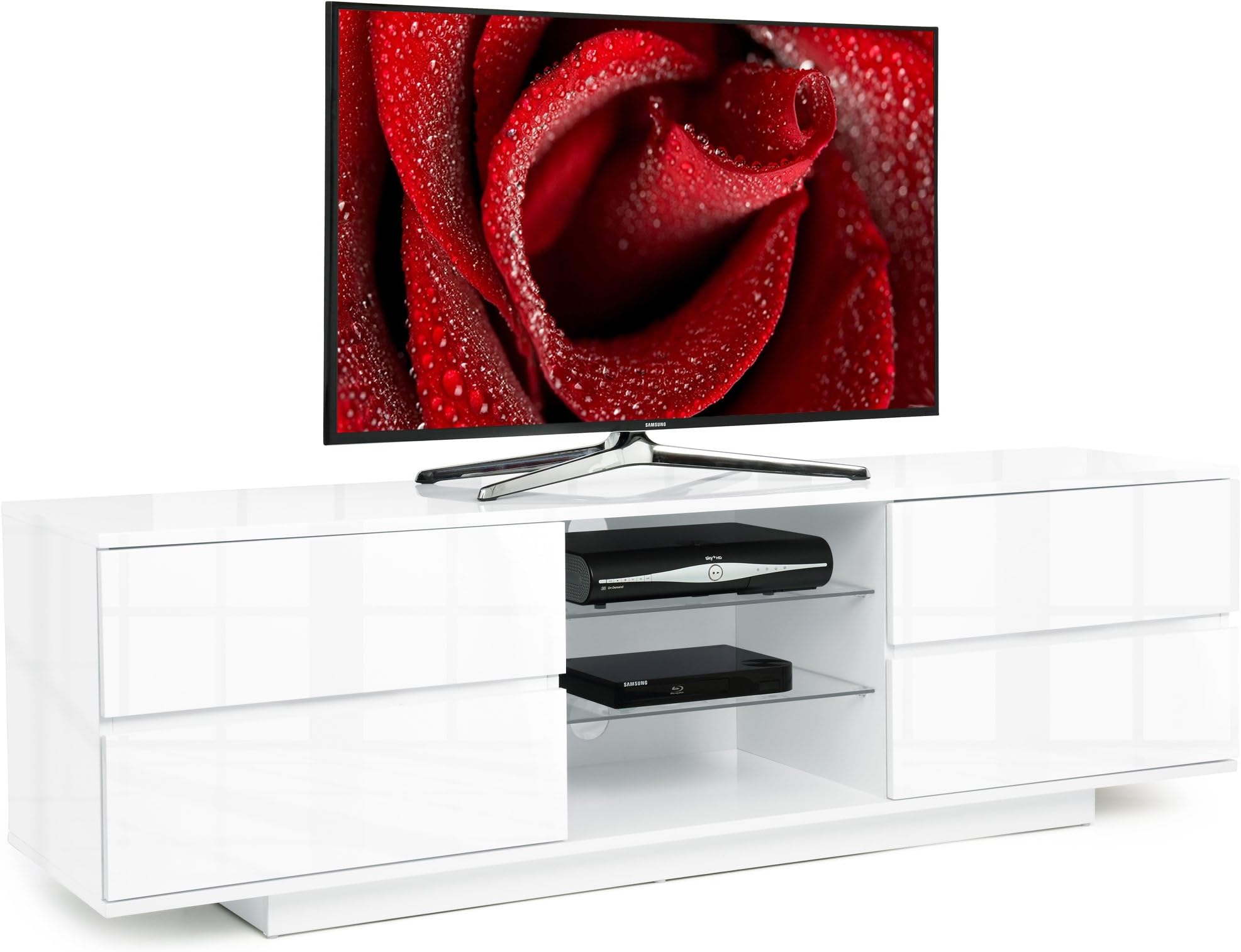 Centurion Supports Avitus High Gloss White with 4-High Gloss White Drawers & 3-Shelf 32"-65" LED/LCD/Plasma Cabinet TV Stand