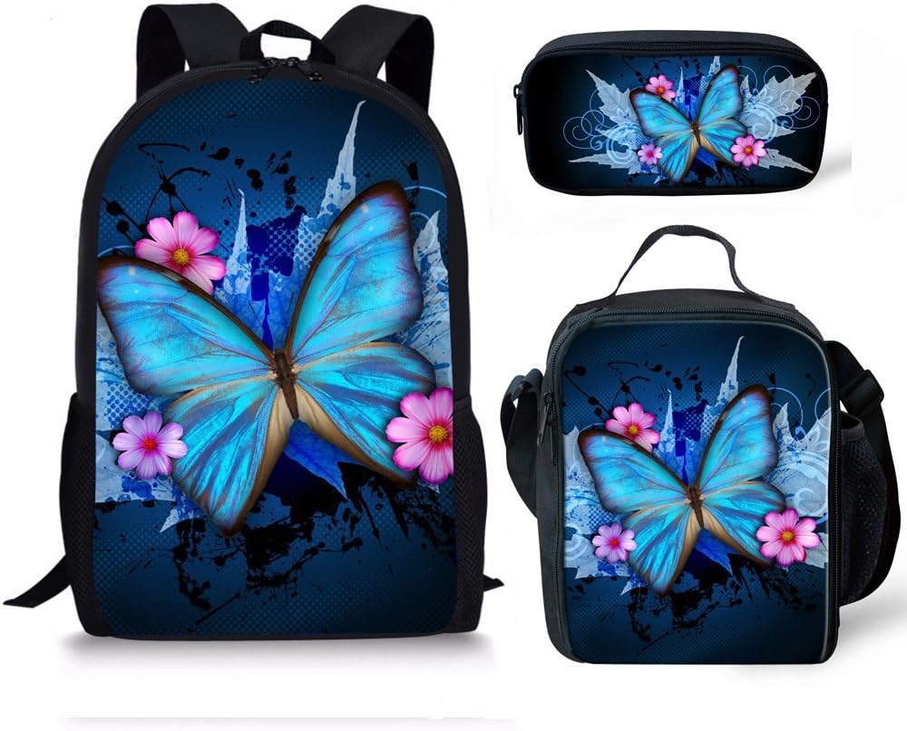 ZERODATE Kids School Bag Blue Butterflies Backpack Rucksack 3 Pieces Casual Bags Sets With Pencil Case Lunch Bags