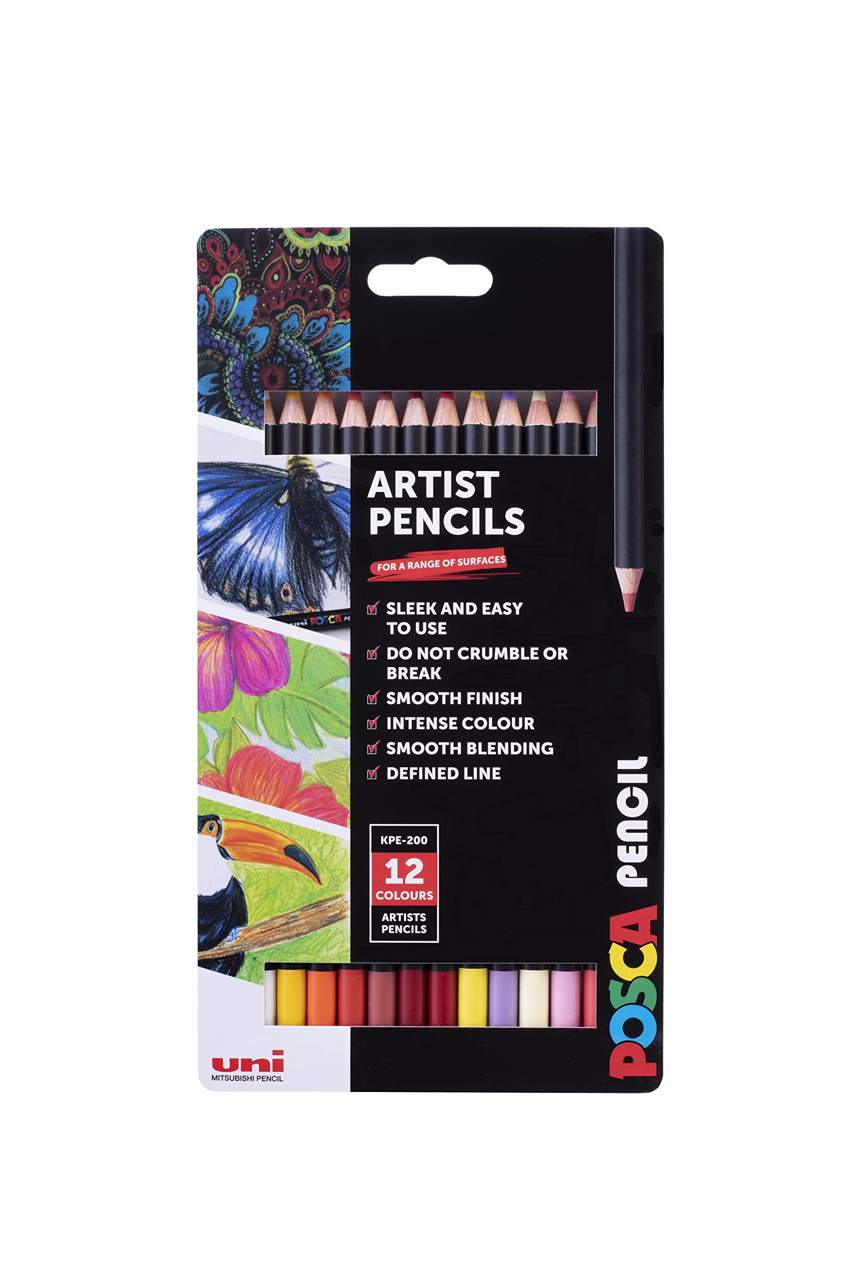 POSCA KPE-200 Oil, Wax Colouring Pencils. Premium Tough Nib for Arts, Crafts. Multi Surface Use On Wood, Fabric, Paper, Cardboard,&Canvas. Perfect for Creative Drawing. 12 Spectrum Colours, 238212682
