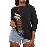 LovelyWholesale Women Off the Shoulder Sweatshirt Sexy Ripped Long Sleeve Shirts