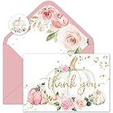 Whaline Fall Thank You Cards Bulk Pink Floral Pumpkin Thank You Note Cards with Envelope Stickers Glitter Autumn Blank Greeting Cards for Thanksgiving Wedding Bridal Shower, 24 Sets