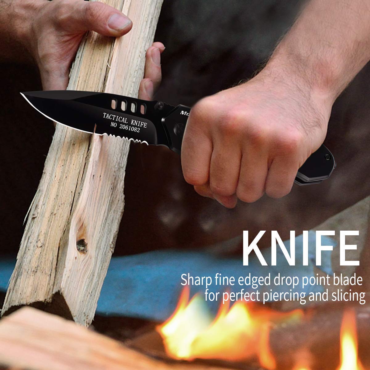 Morpilot Tactical Knife & Emergency Fire starter, 5 in 1 Pocket Knife, Folding Knife, Emergency Fire Starter with Magnetic Compass & Emergency Whistle for Camping, Outdoor Survival, Hiking, Hunting