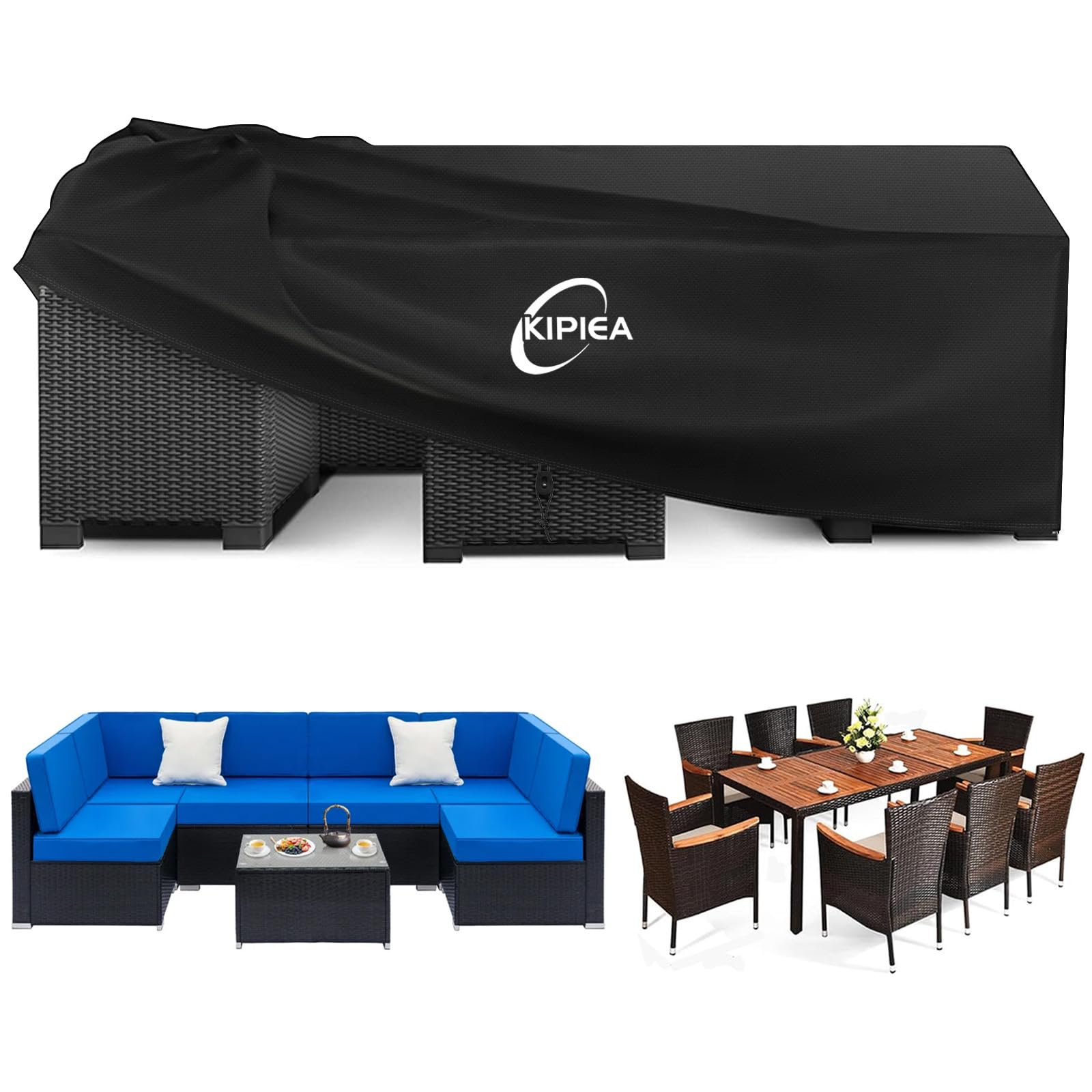 Kipiea Garden Furniture Covers Waterproof, Heavy Duty Outdoor Furniture Covers for Table and Chairs Windproof, 420D Oxford Fabric Patio Rattan Sofa Set Cover, Anti-UV, No Tear - 242 x 162 x 100cm