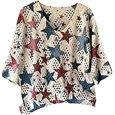 SOLY HUX Women's Star Print Hollow Out Sweater V Neck 3/4 Sleeve Crochet Knit Summer Pullover Tops