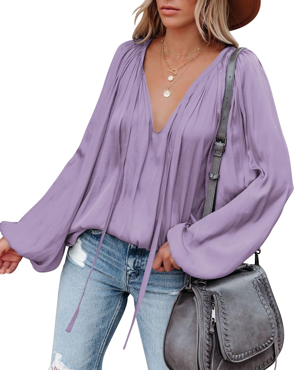Photo 1 of **same color, different style** LAMISSCHE Womens Sexy Deep V Neck Blouse Lantern Long Sleeve Chiffon Shirt Oversized Drawstring Silk Satin Tunic(Light Purple, SIZE MEDIUM