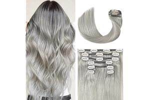 UGOTRAYS Silver Clip in Hair Extensions Real Human Hair 70G Gray Remy Human Hair Clip in Extensions 12 Inch Soft Silky Straight for Full Head 7pcs 16clips One Pack (12 Inch #Silky/Gray)