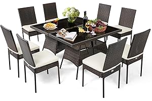 Tangkula 10 Pieces Wicker Patio Dining Set, Outdoor Rattan Table & Chairs Set with Padded Cushions, Patio Furniture Dining Glass Table Set for Balcony Patio Garden Poolside