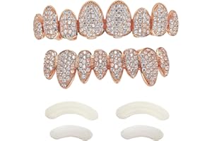 TSANLY Gold Grillz Iced Out CZ Diamond Top & Bottom Set Grill 24K Gold Plated Macro Pave Teeth Grills - Extra Molding Bars Included + Storage Case + Microfiber Cloth