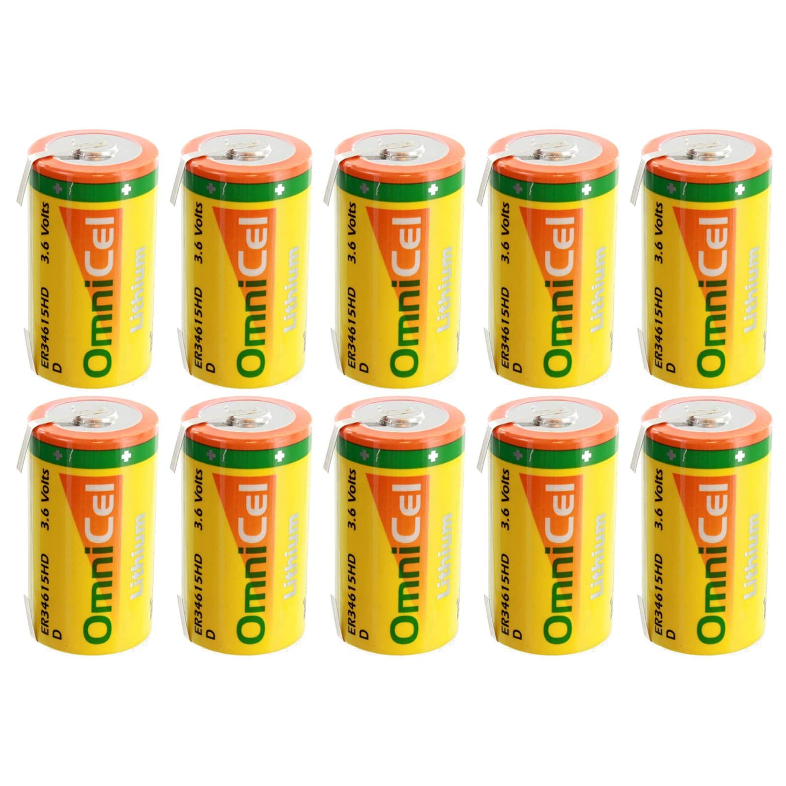 10x OmniCel ER34615HD/T 3.6V D LithiumThionyl Chloride Battery with Tabs For RFID Tracking, Asset Tr