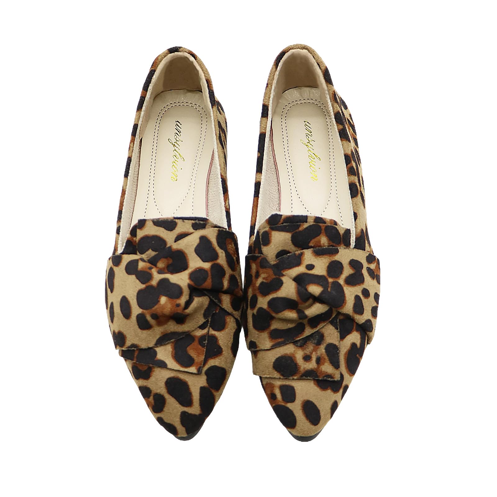 unsylvion Flats for Women Featuring Pointed Toe, Elegant Bow, and Comfortable Suede, Softable Classical Shoes Leopard Deep Brown