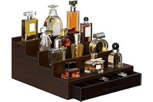 Sunexinlo 4 Tier Wooden Cologne Organizer for Men with Divided Drawer & Dual Hidden Compartments, Perfume Display Stand with 