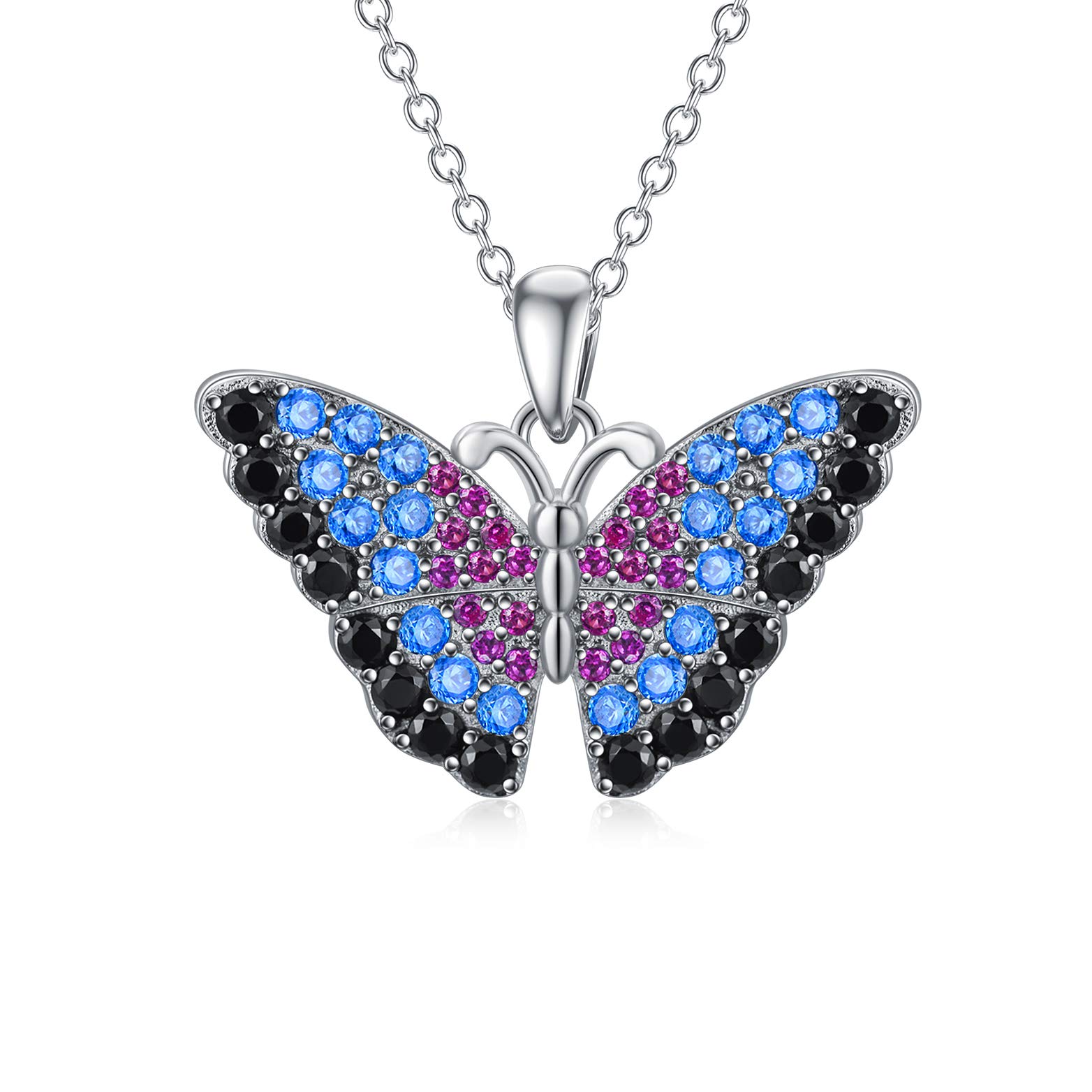 SOULMEET Blue Rainbow Butterfly pendant Necklace 925 Sterling Silver Hypoallergenic Chain for a Special Moment of Love on Birthday Aniversary Mother's day with Free Decent Gift Box