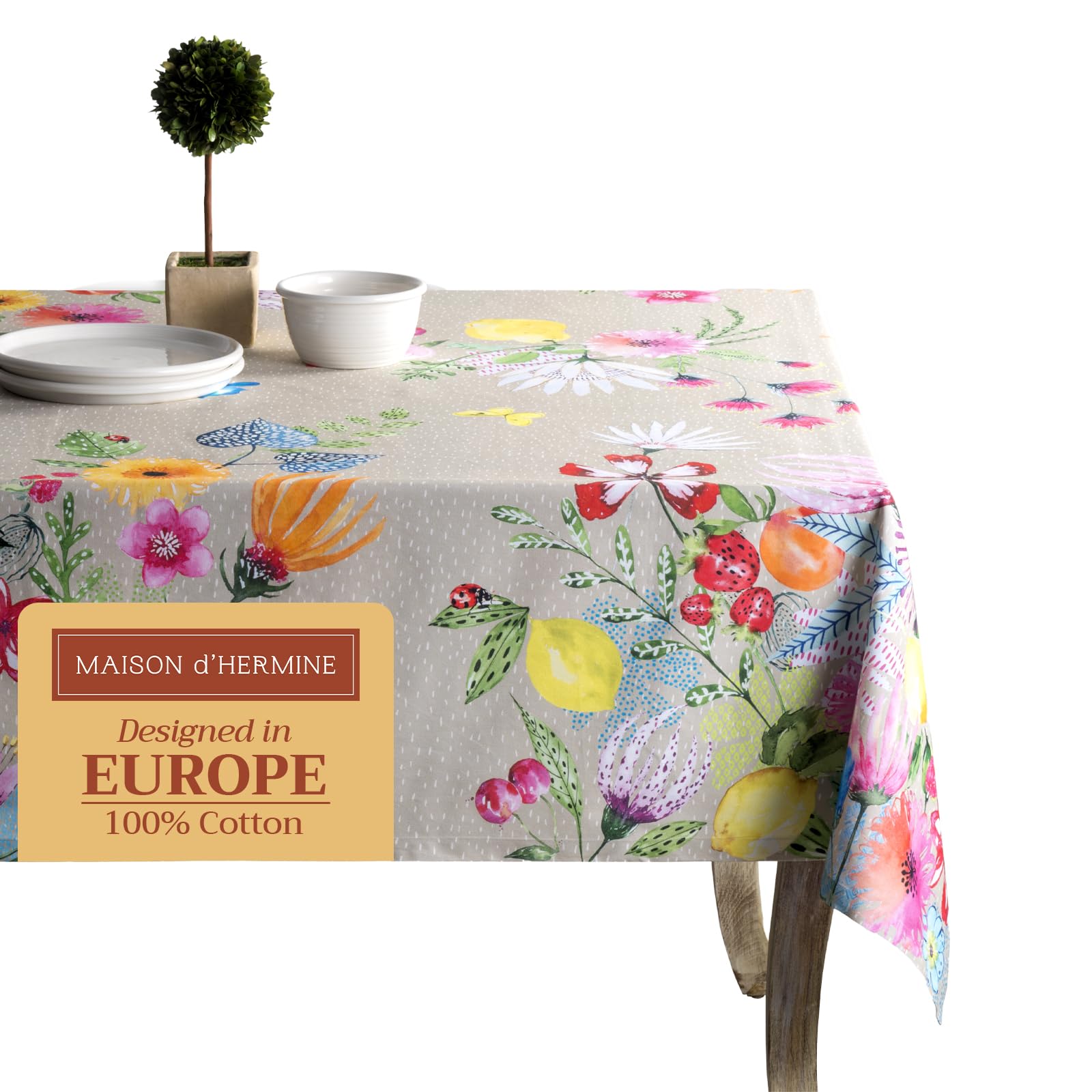 Maison d' Hermine Table Cloth Rectangle Table 100% Cotton 70 x 120 Inches Tablecloth Reusable Decorative for Dining Room, Farmhouse, Home, Party, Festive & Wedding Spring Summer - Jardin D'Ete - Fog Image