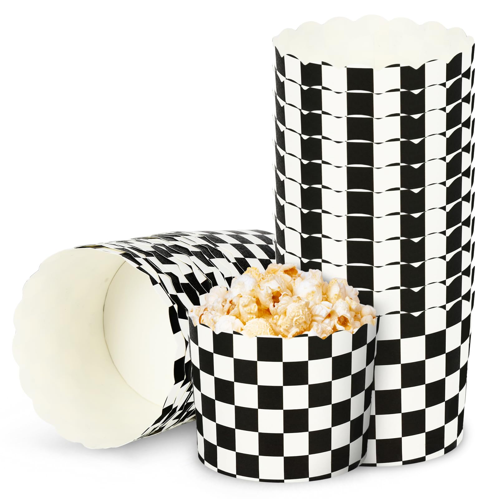 Photo 1 of JarThenaAMCS 100Pcs Plaid Paper Baking Cups White Black Checkered Cupcake Wrappers Scalloped Edge Cupcake Muffin Cases for Race Car Party Supplies