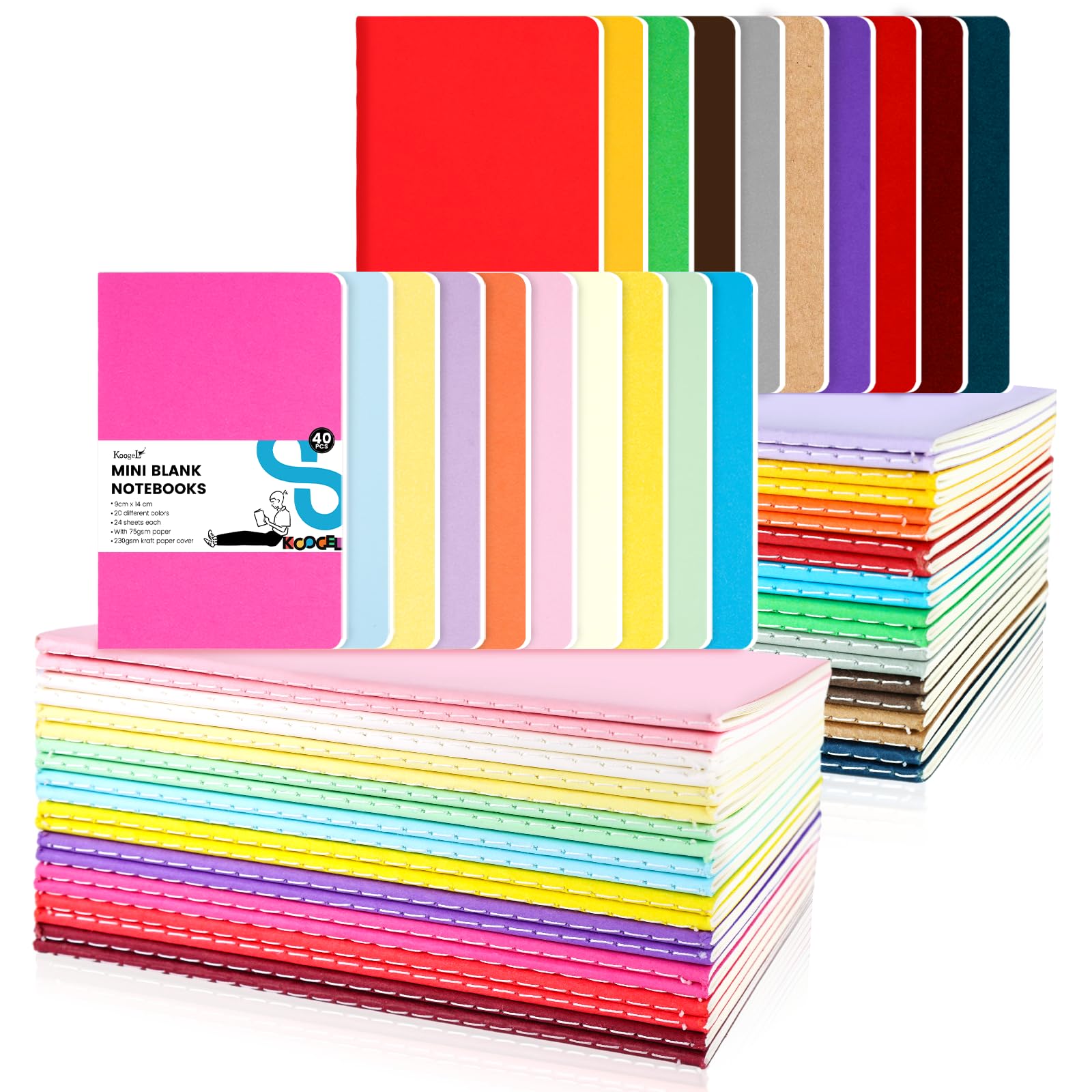 Koogel 40PCS Mini Pocket Notebooks, Small Blank Notebooks Notepads 9 x 14 cm Journals 20 Colours for Students Traveler School Supplies