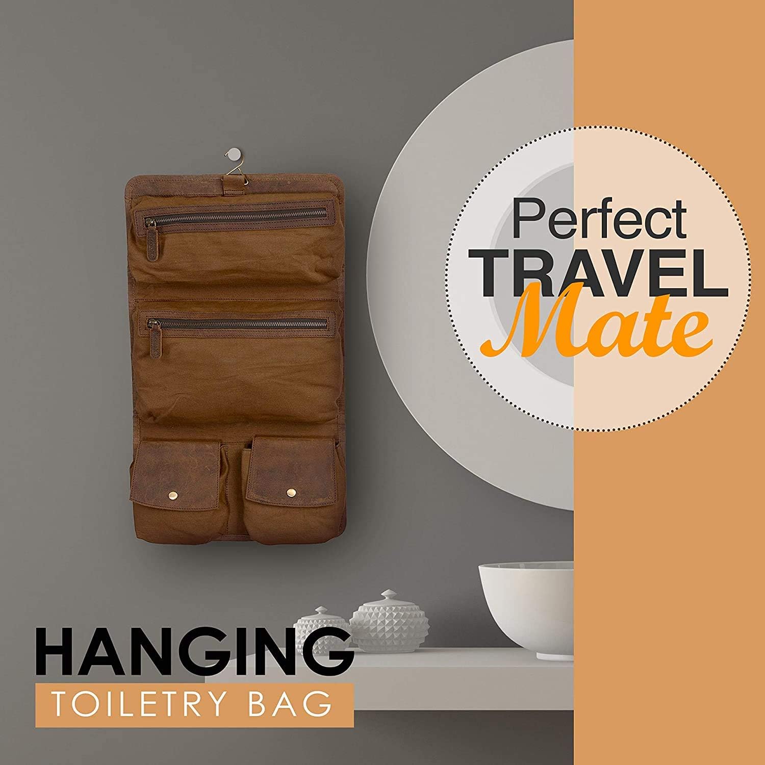 KOMALC Genuine Buffalo Leather Hanging Toiletry Bag Travel Dopp Kit … (Distressed Tan): Clothing