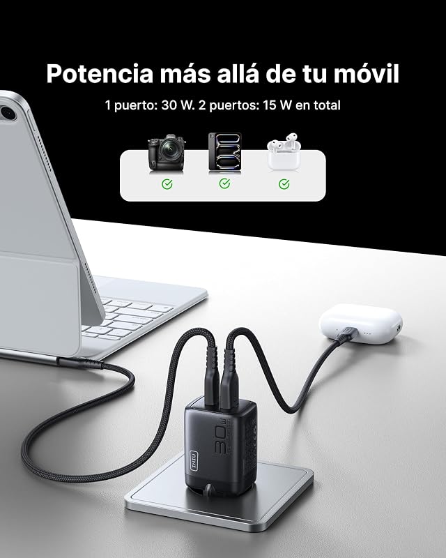 Cargador USB C, 30W 1-Paquete PD GAN Cargador Carga Rapida y Cable 60W