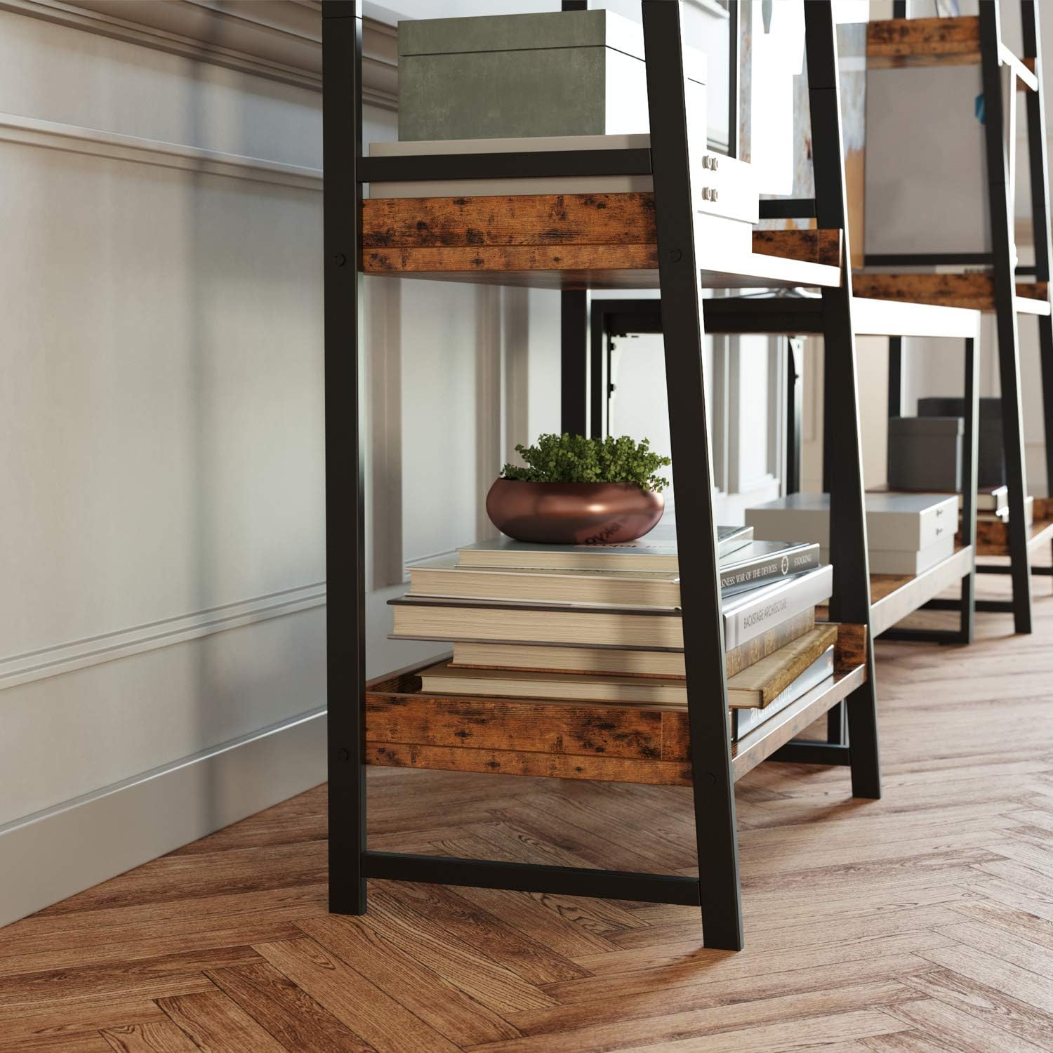 IRONCK Industrial Bookshelf, 4-Tier Ladder Shelf, Storage Shelves Rack Shelf Unit, Wood Look Accent Furniture Metal Frame, Vintage Home Office Furniture for Bathroom, Living Room, Rustic Brown: Kitchen & Dining