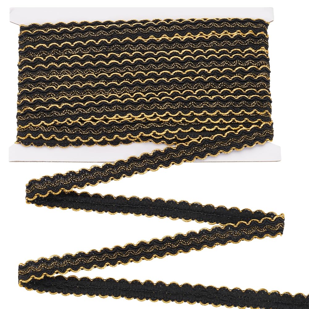 FINGERINSPIRE 13 Yards Gimp Braid Trim Gold Edge Woven Braid Trim 14mm Black Metallic S Wave Braid Trim Sewing Polyester Handcraft Gimp Trim for Curtain Slipcover DIY Costume Accessories