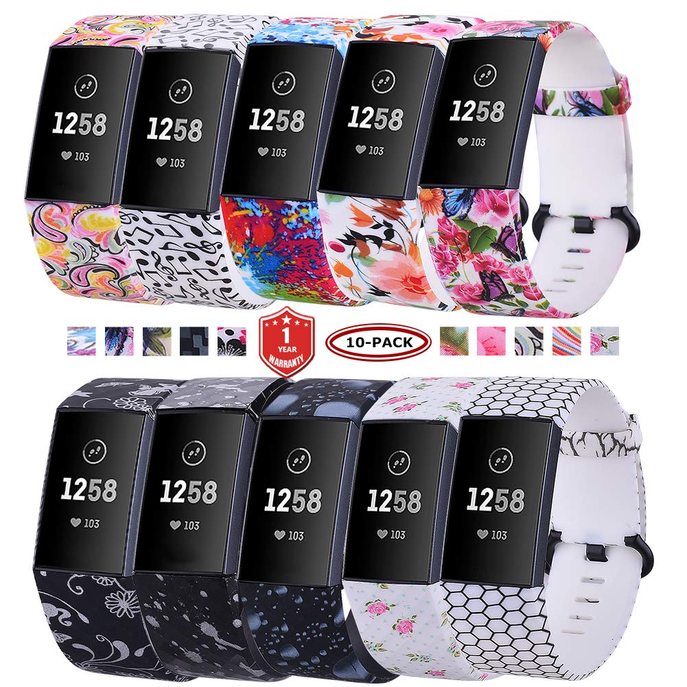 FunBand Compatible with Fitbit Charge 3/Charge 4 Strap Bands,Unique Elegant Floral Pattern Printed Soft Silicone Sport Adjustable Replacement Bracelet for Charge 3/Charge 4 Fitness Activity Wristband