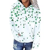 BOFETA Women's St. Patrick's Day Hooded Sweatshirts Long Sleeve Plus Size Hoodies Pullover Four-Leaf Clover Sweatshirt