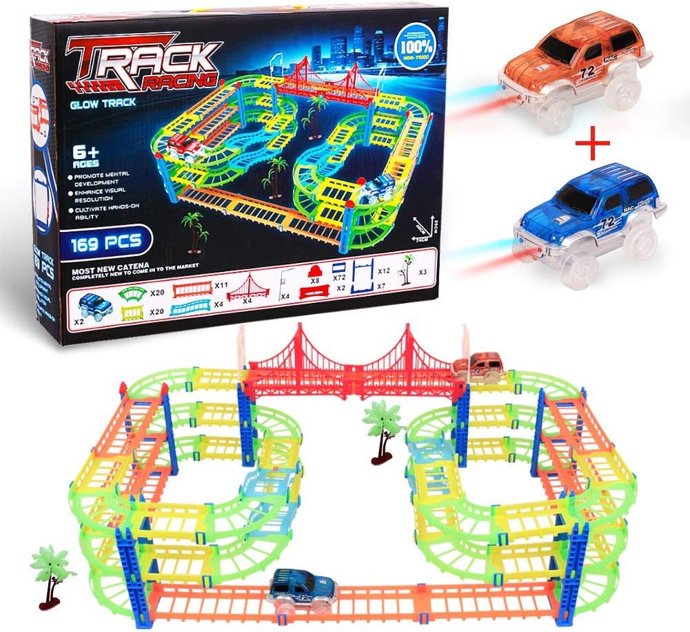 CUDNY Glow Race Tracks Sets, LED Laser Twister 169 Pcs Tracks, Magic Glow in The Dark Track Toy Car Set Inovative Technology Routing Flexible Assembly Track Race Series +2 Light Up Race Car for Kids