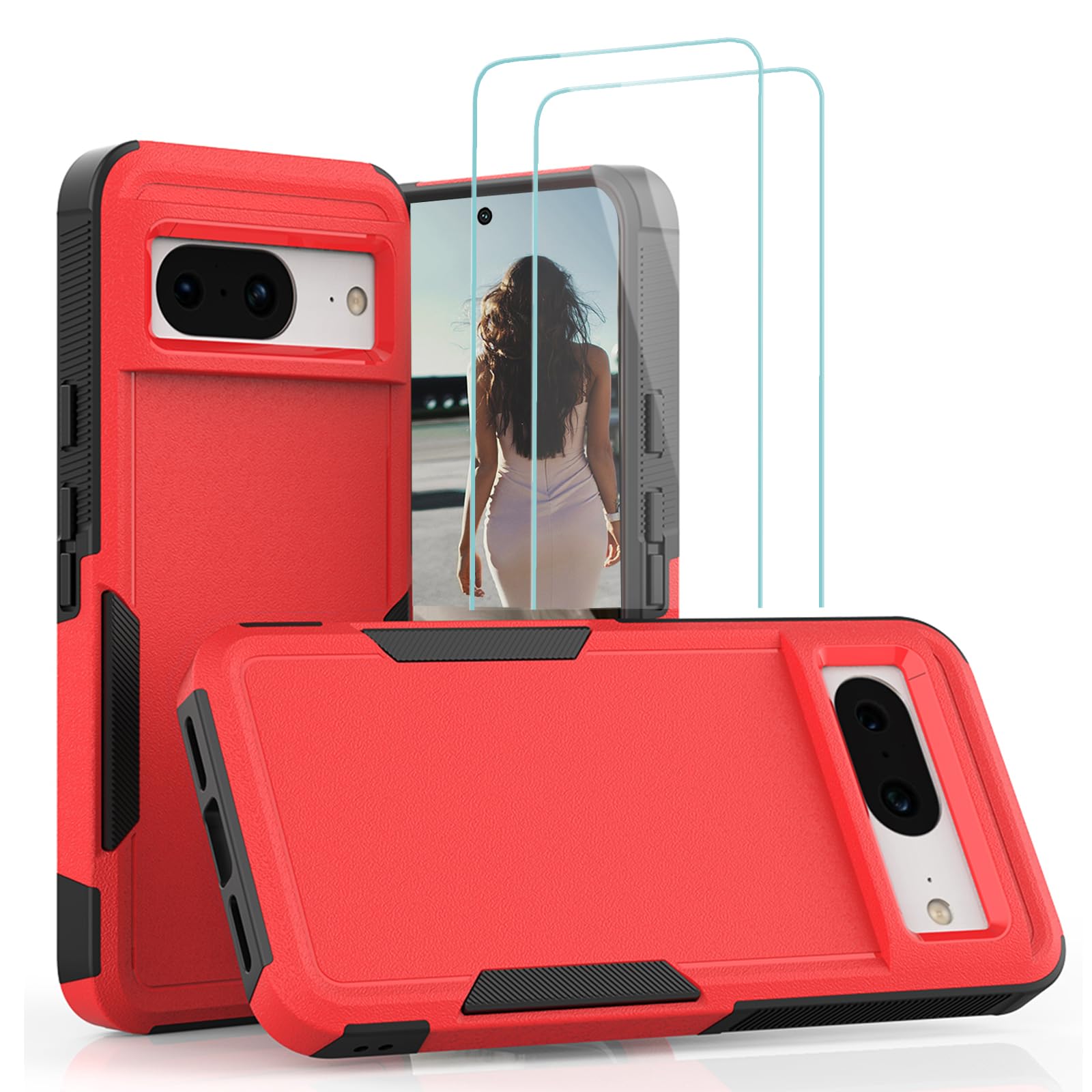 Jeylly for Google Pixel 8 Case with 2PCS HD Screen Protector, [Military Grade Drop Protection] Dual Layer Shock Absorption Anti Scratch Bumper Protective Cover for Google Pixel 8, Red