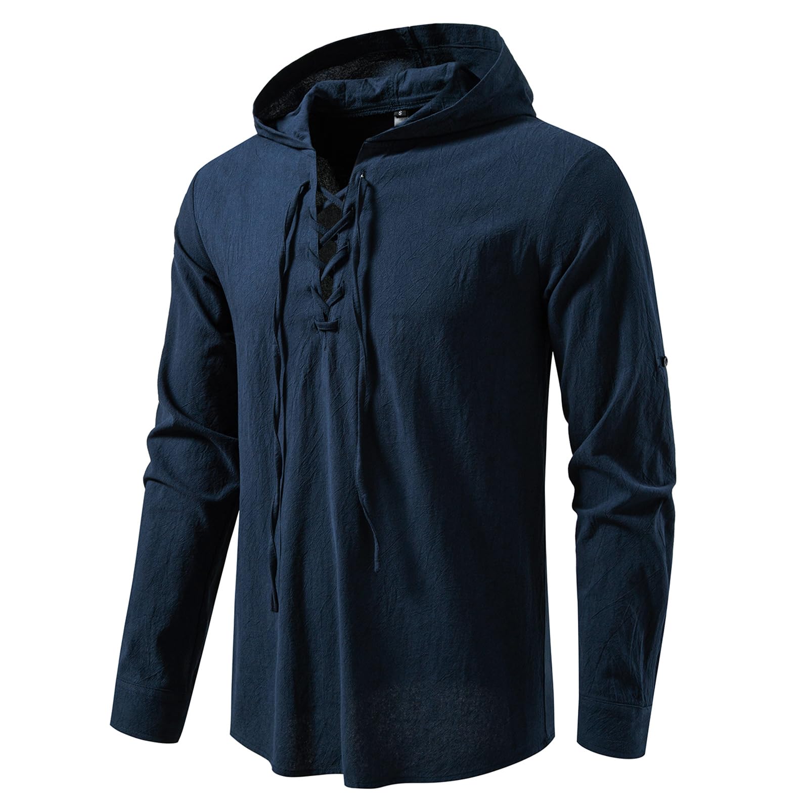 MakingDa Lace Up Hooded Shirt Men Medieval Viking Tunic Costume Cotton Pirate LARP Tops Loose Fit Long Sleeve Steampunk Renaissance Victorian-Dark Blue-XXL