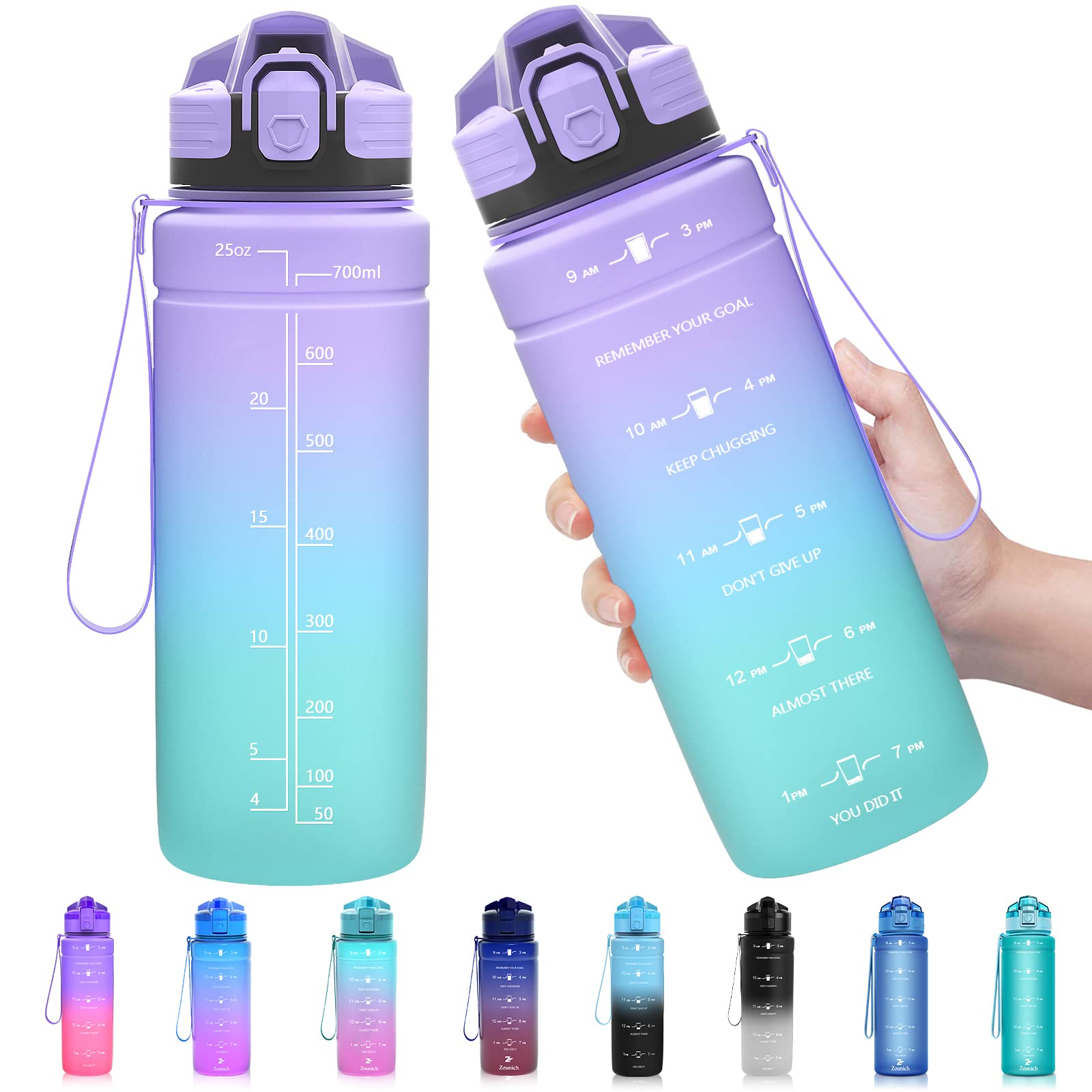 Zounich Sports Water Bottle Kids with Times to Drink Leakproof 1L / 700ml / 500ml 1Litre Drink Bottles BPA Free Motivational Adults, Gym, School, Running, Travel, Girls, Boys Filter Reusable — image 1