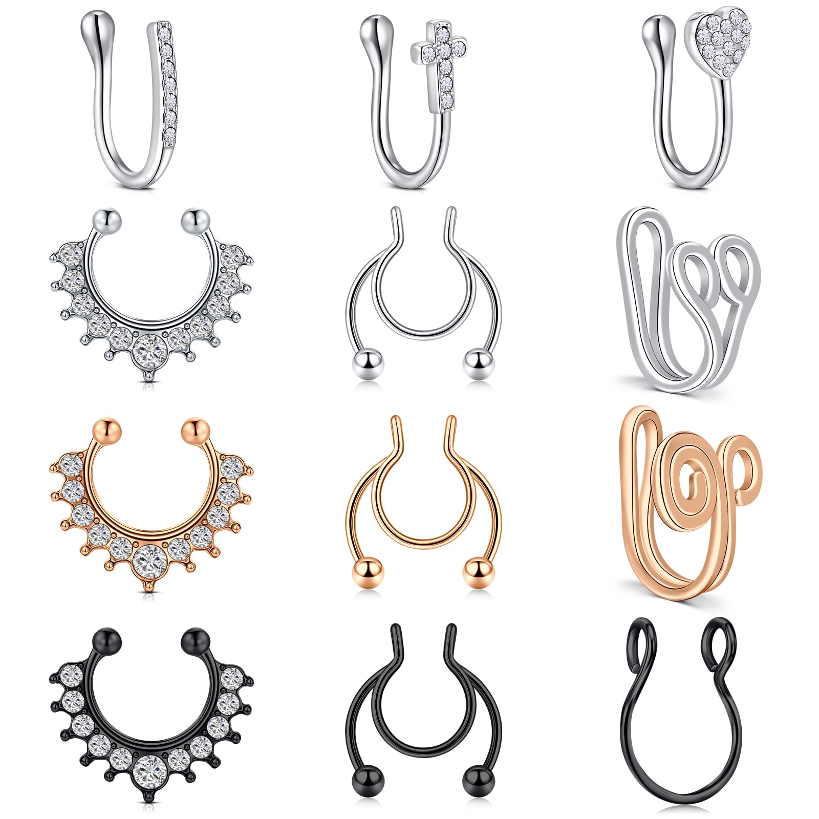 incaton Fake Septum Rings Faux Nose Rings Cross Heart CZ Septum Fake Non Pierced Nose Rings Silver/Rose Gold/Black 12 PCS