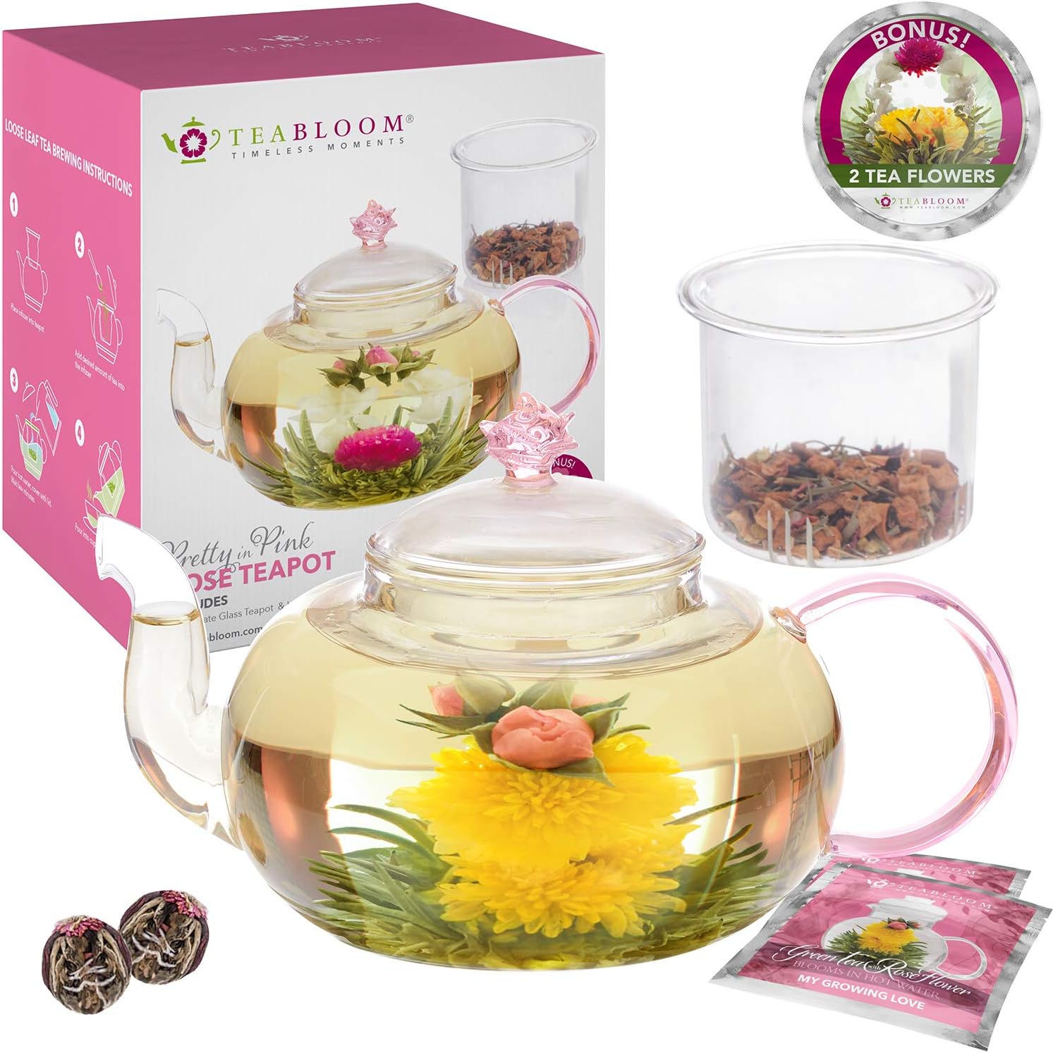 Teabloom Pretty in Pink Rose Teapot 1000 ml Borosilicate Glass Teapot