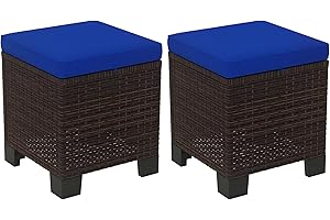 Outsunny 2 Pieces Outdoor Patio Ottomans, All Weather Wicker Outdoor Footstools with Removable Cushions, 3-in-1 PE Rattan Ottoman Seat, Footrest and Side Table for Backyard, Poolside, Dark Blue