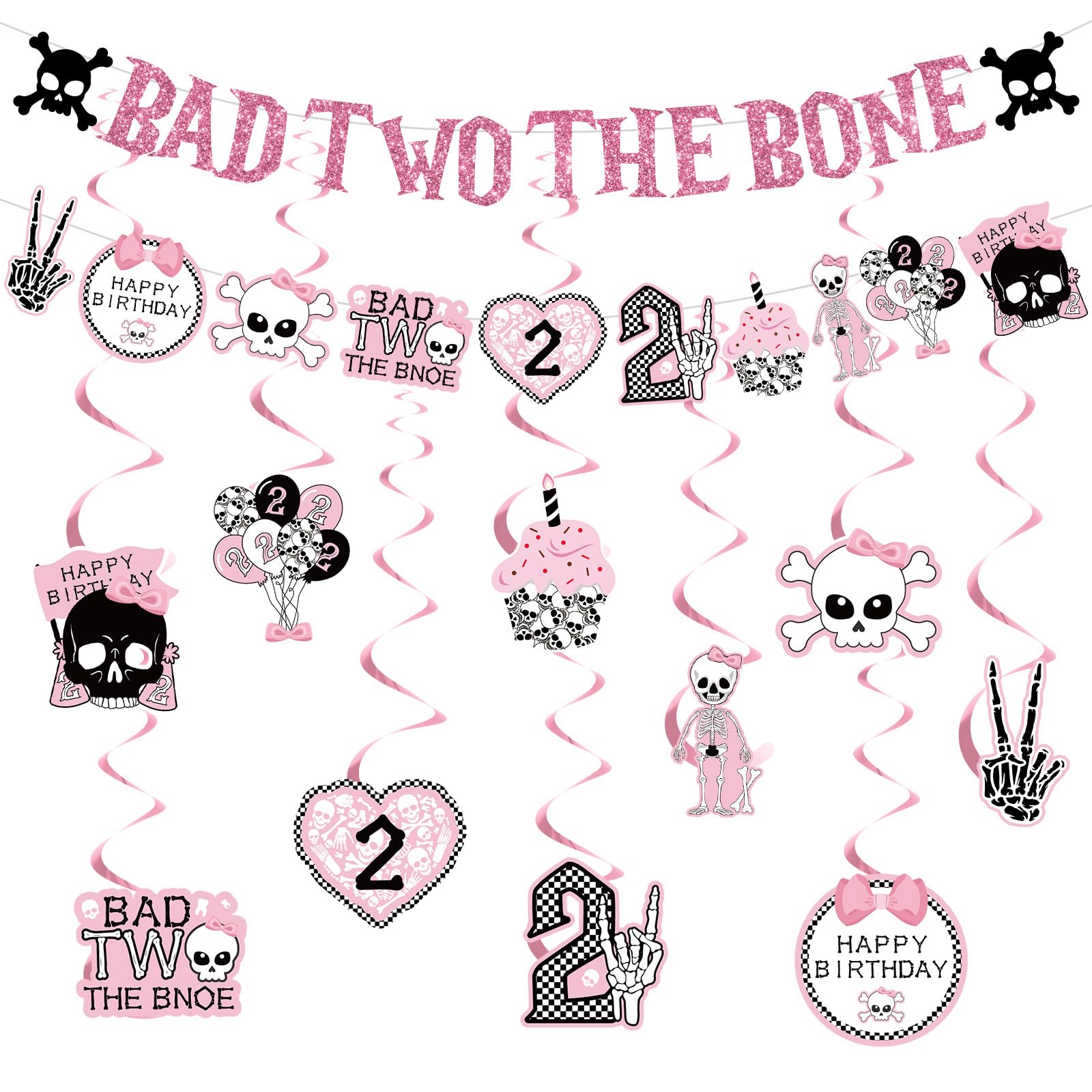 Photo 1 of Bad Two the Bone Birthday Decoration Girl, Rock Theme 2nd Happy Birthday Banner Skeleton Haging Swirls for Girls Music 2 Year Old Bad 2 the Bone Halloween Carnival Party Supplies Decor Favors