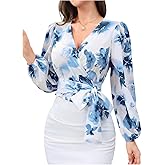 MakeMeChic Women's Floral Wrap Blouses Tie Side V Neck Lantern Sleeve Shirt Crop Tops