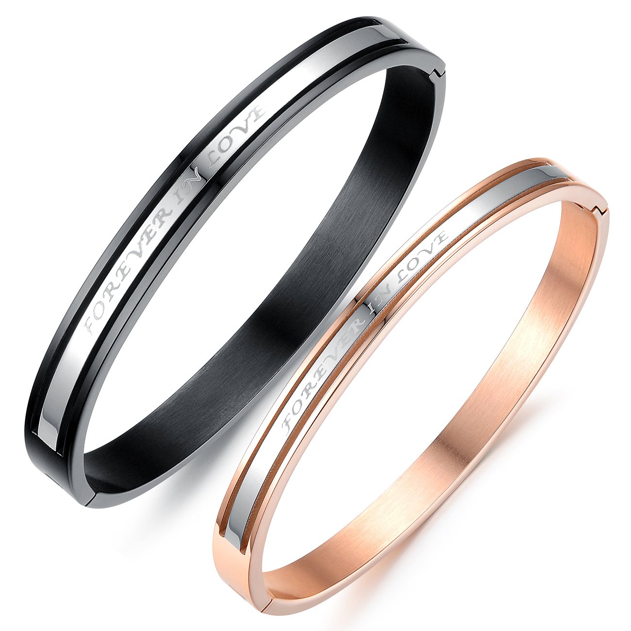 JewelryWe His & Hers Matching Set Couple Stainless Steel Bangle Bracelet Forever in Love Promise Anniversary in a Gift Bag (2pcs)