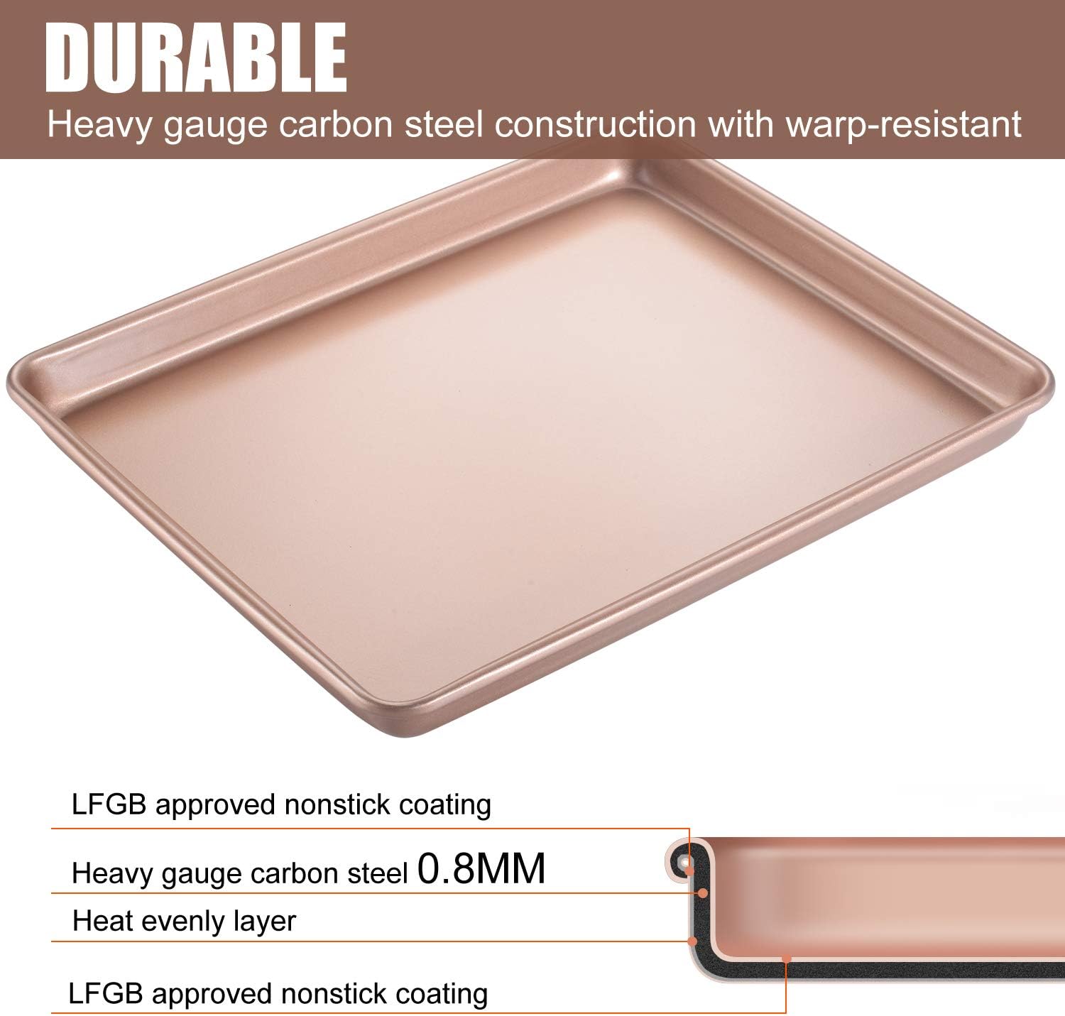 JOHO Baking Sheet Pans Cookie Sheet, Nonstick Bakeware Cookie Pan Set, Cookie Baking Pan for oven, 2-Piece, Gold: Kitchen & Dining