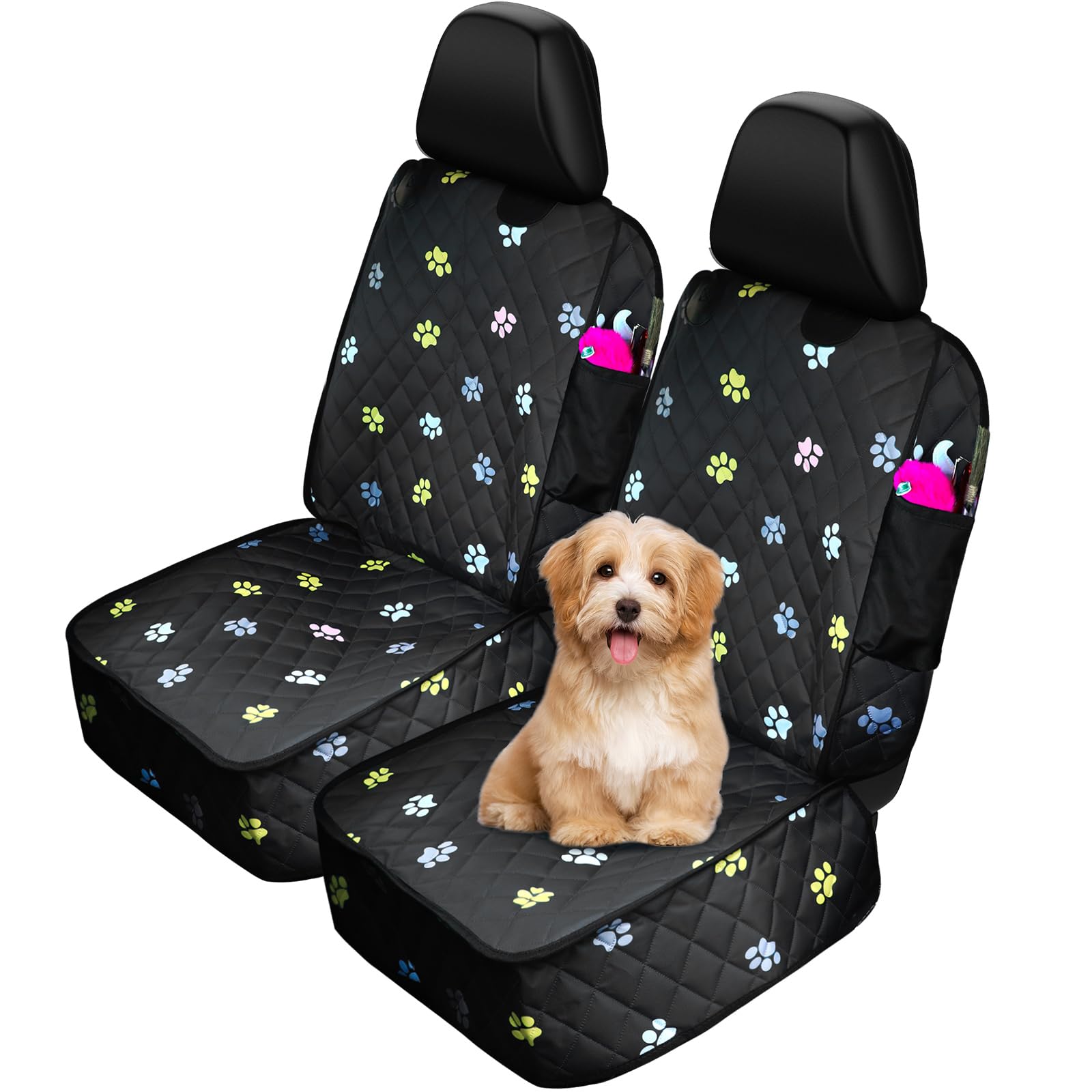 Photo 1 of Datanly 2pcs Dog Car Seat Cover for Front Durable Colored Paw Prints Waterproof Protector Against Dirt Scratch Proof Non Slip Padded Quilted Front Seat Covers for Dog for Cars, Trucks and SUV, Black