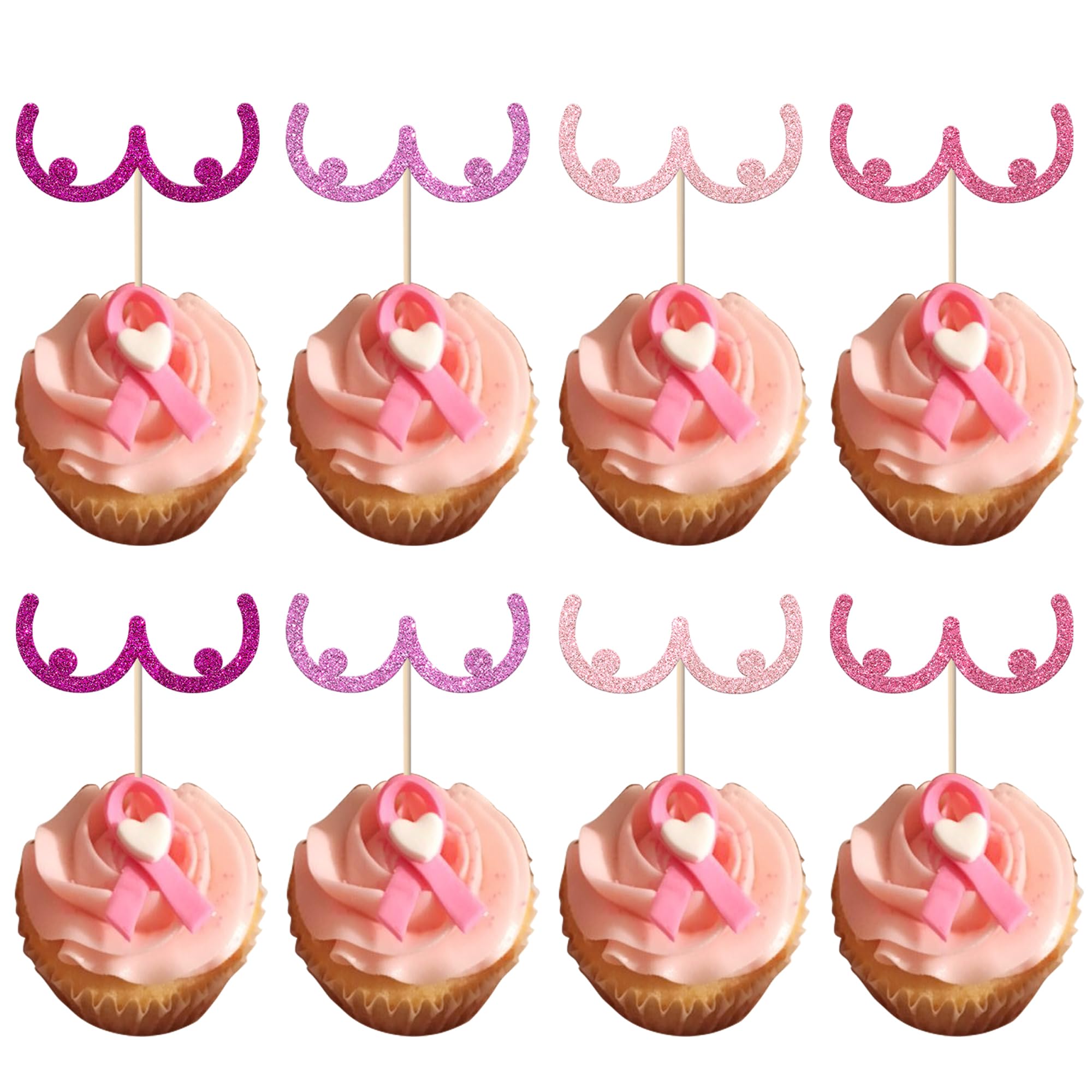 Xsstarmi 24 Pack Breast Cancer Awareness Cupcake Toppers Breast Cancer Decorations Glitter Breast Cupcake Picks for Believe Hope Pink Ribbon Party Cake Decorations Multi