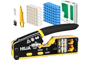 Hiija RJ45 Crimp Tool Kit Pass Through Cat6 Crimping Tool Kit, All-in-One Ethernet Crimper with Network Cable Tester, 50PCS Cat6 Connectors, 50PCS Boots, Mini Wire Stripper