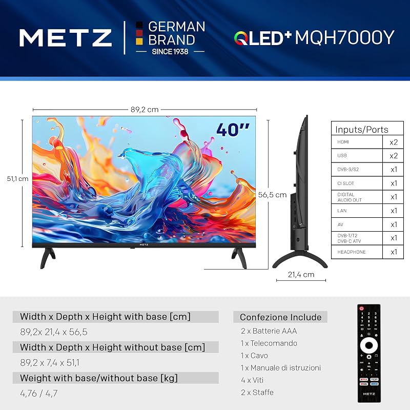 40 Pollici Smart TV con Google TV Televisore LED, Gen 6 QLED +, HDR 10 Dolby Audio Bluetooth 5,1 EyeCare DVB-T/T2/C/S/S2 Ci+ HEVC Main10, 1.5GB RAM Upgrade (40MQH7000Y, 2026 Nuovo Modello) — foto 4 di 8