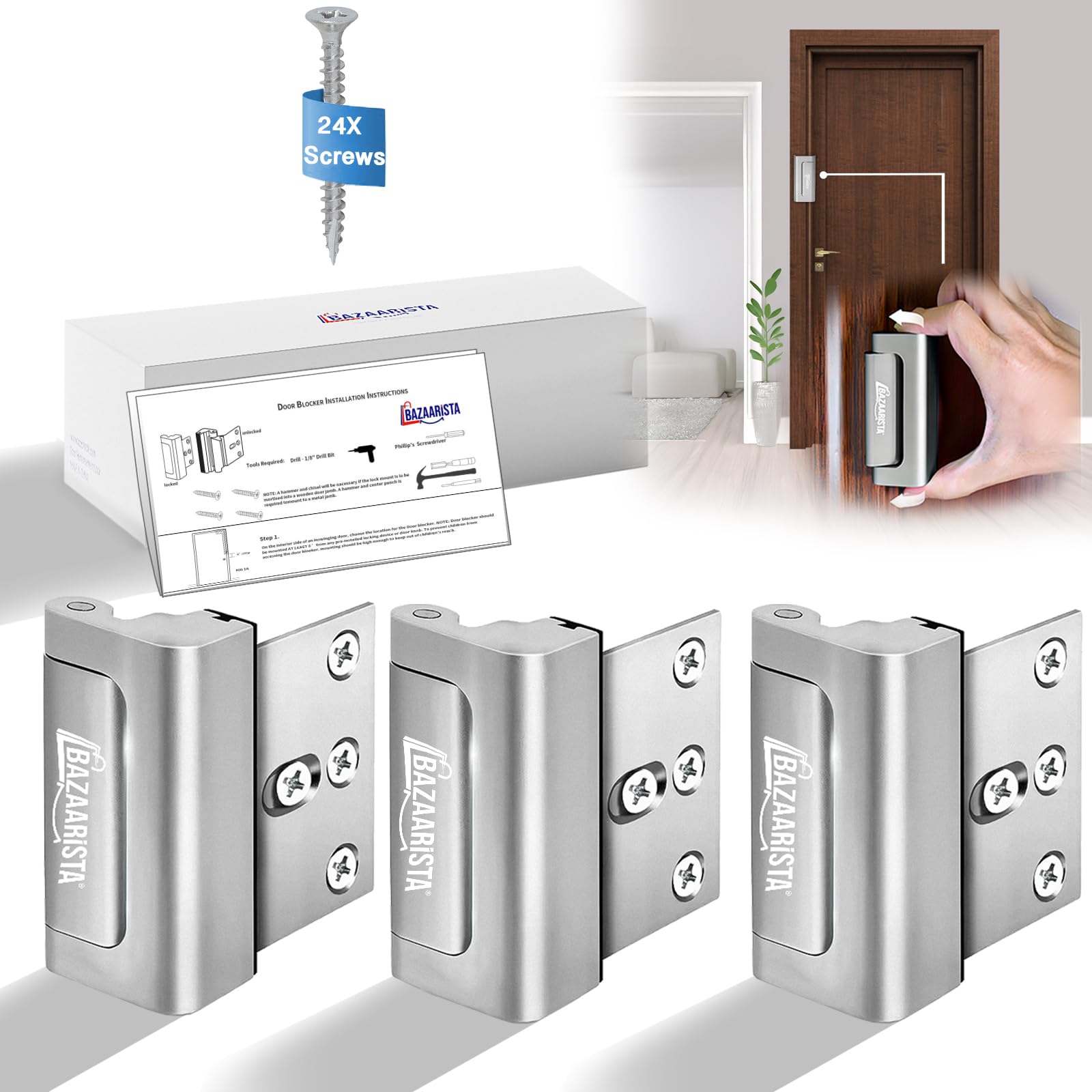 Photo 1 of BAZAARISTA Premium 3PACK Home Security Door Reinforcement Lock, Childproof, Petproof, High Security, Aluminum Finish, Silver