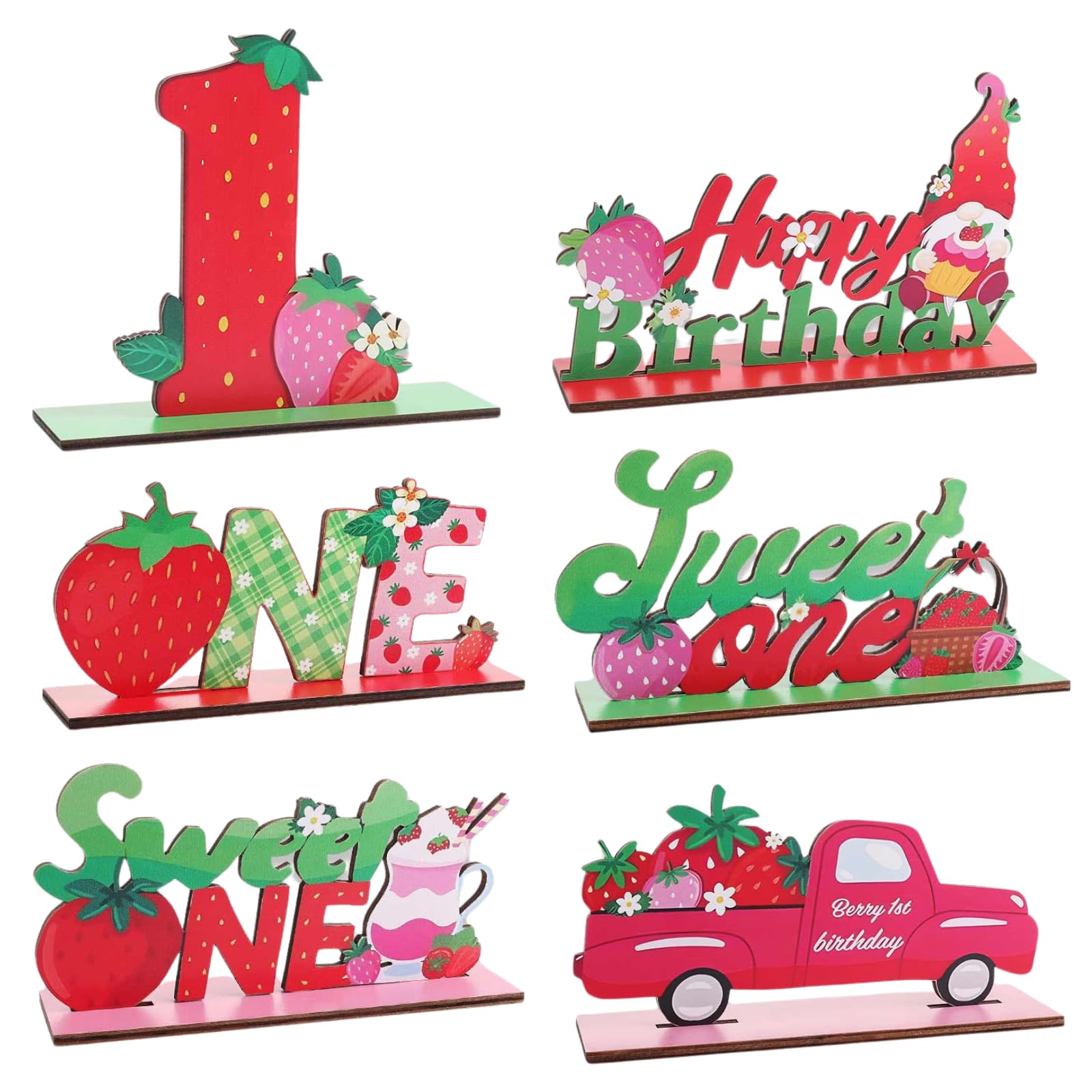 Photo 1 of 6pcs Strawberry Wood Table Centerpieces for First Birthday Party Decorations Sweet ONE Strawberry Party Table Centerpieces for Girl Berry 1st Party Supplies Baby Shower One Birthday Table Sign Decors